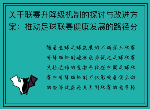 关于联赛升降级机制的探讨与改进方案：推动足球联赛健康发展的路径分析