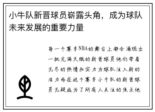 小牛队新晋球员崭露头角，成为球队未来发展的重要力量