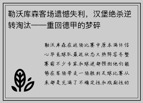 勒沃库森客场遗憾失利，汉堡绝杀逆转淘汰——重回德甲的梦碎